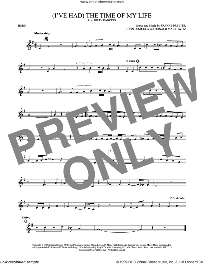 (I've Had) The Time Of My Life sheet music for horn solo by Bill Medley & Jennifer Warnes, Donald Markowitz, Franke Previte and John DeNicola, intermediate skill level