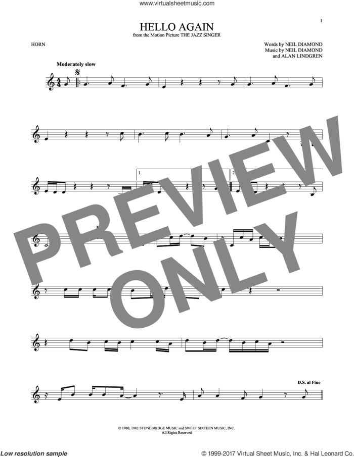 Hello Again sheet music for horn solo by Neil Diamond and Alan Lindgren, intermediate skill level