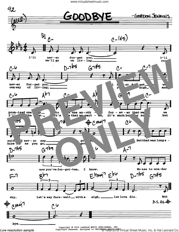 Goodbye sheet music for voice and other instruments  by Benny Goodman, Rosemary Clooney and Gordon Jenkins, intermediate skill level
