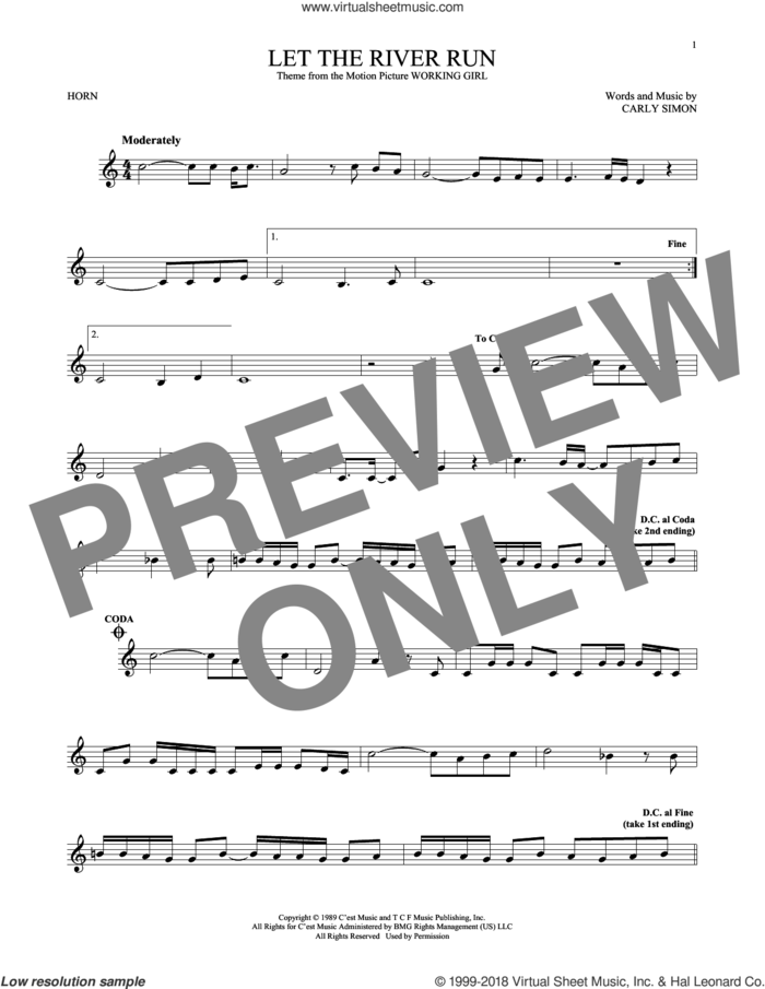 Let The River Run sheet music for horn solo by Carly Simon, intermediate skill level