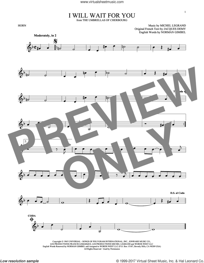 I Will Wait For You sheet music for horn solo by Michel Legrand, Jacques Demy and Norman Gimbel, intermediate skill level