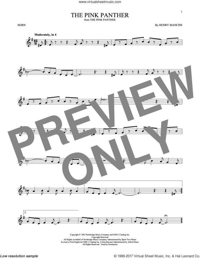 The Pink Panther sheet music for horn solo by Henry Mancini, intermediate skill level