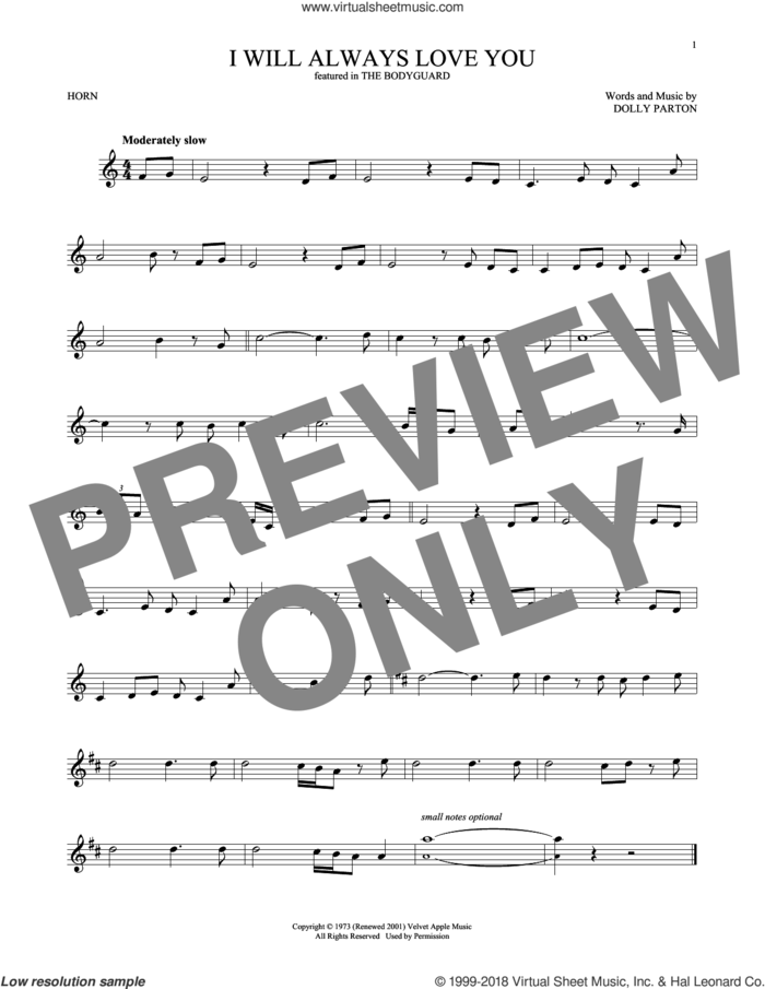I Will Always Love You sheet music for horn solo by Whitney Houston and Dolly Parton, wedding score, intermediate skill level