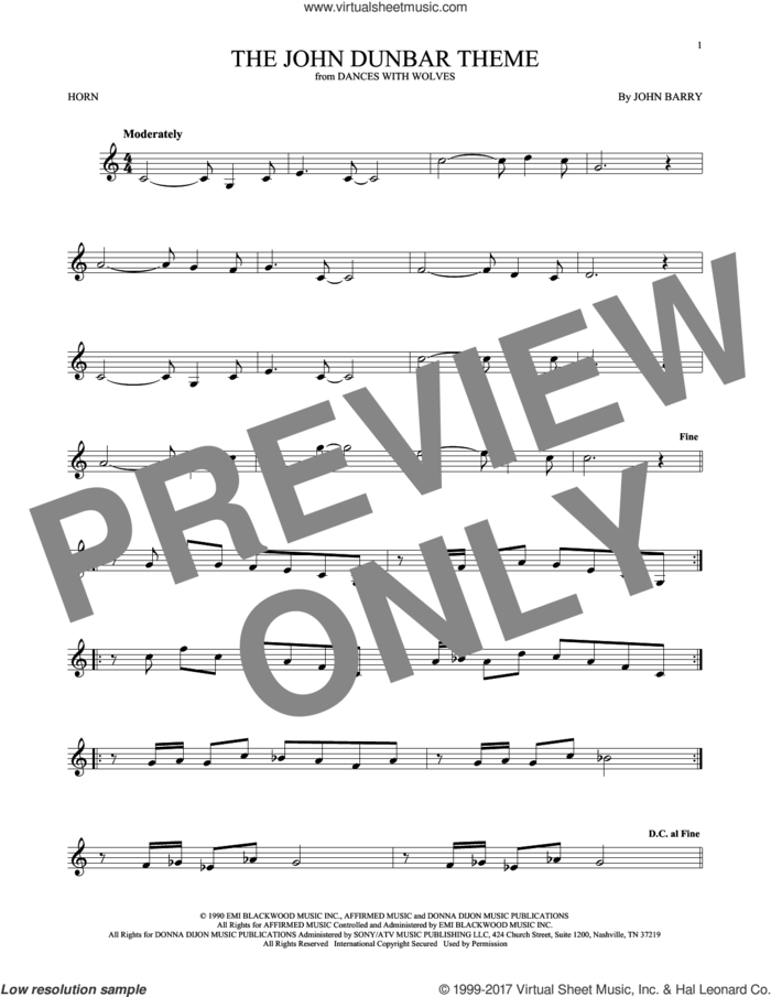 The John Dunbar Theme sheet music for horn solo by John Barry, intermediate skill level