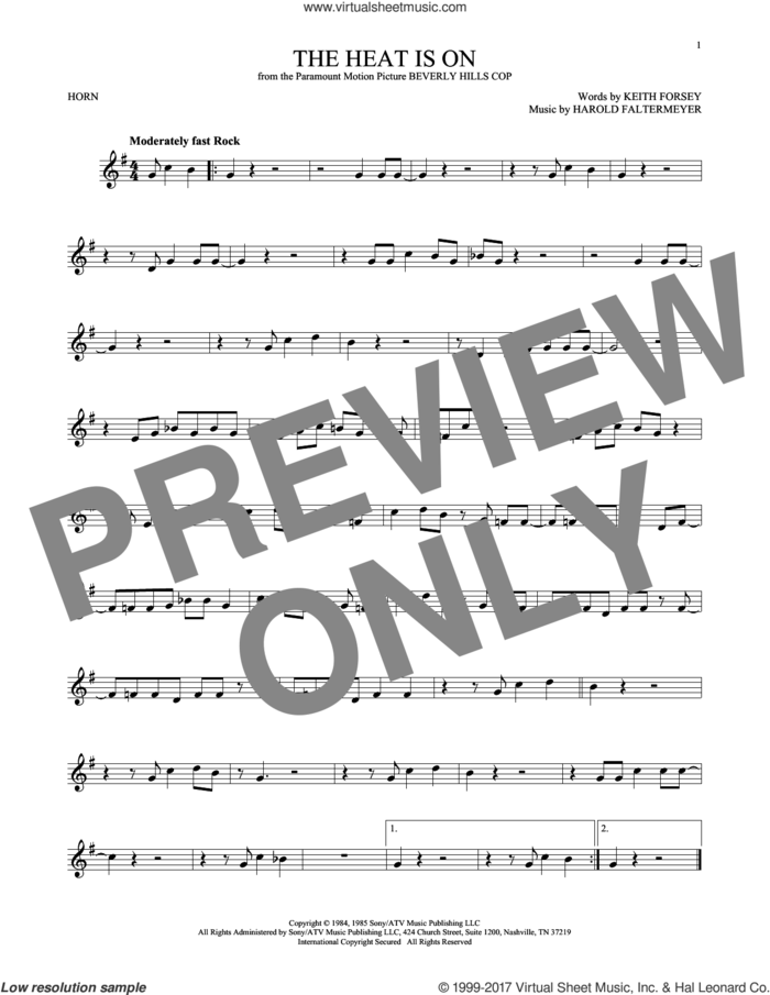 The Heat Is On sheet music for horn solo by Glenn Frey, Harold Faltermeyer and Keith Forsey, intermediate skill level