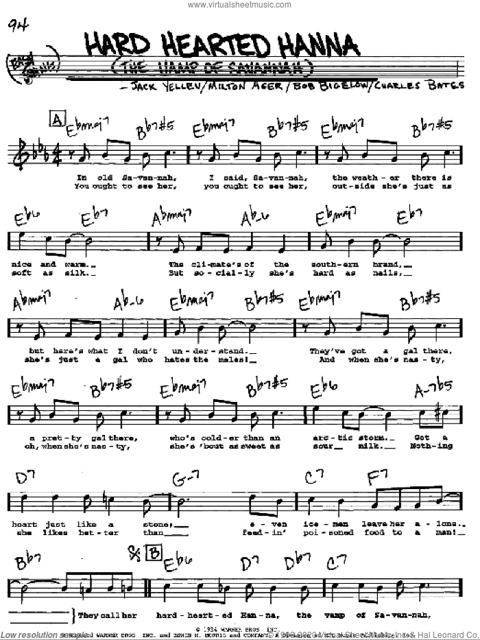 Hard Hearted Hannah (The Vamp Of Savannah) sheet music for voice and other instruments  by Jack Yellen, Bob Bigelow, Charles Bates and Milton Ager, intermediate skill level