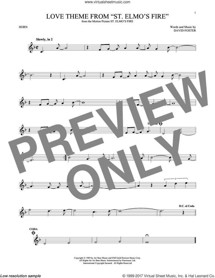 Love Theme From 'St. Elmo's Fire' sheet music for horn solo by David Foster, intermediate skill level