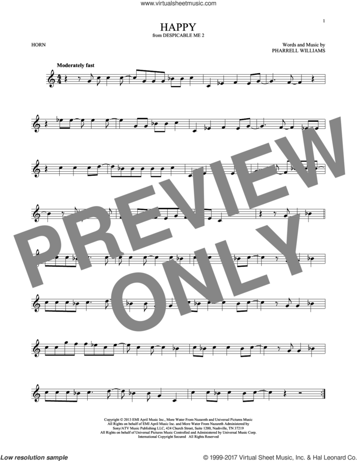 Happy sheet music for horn solo by Pharrell and Pharrell Williams, intermediate skill level