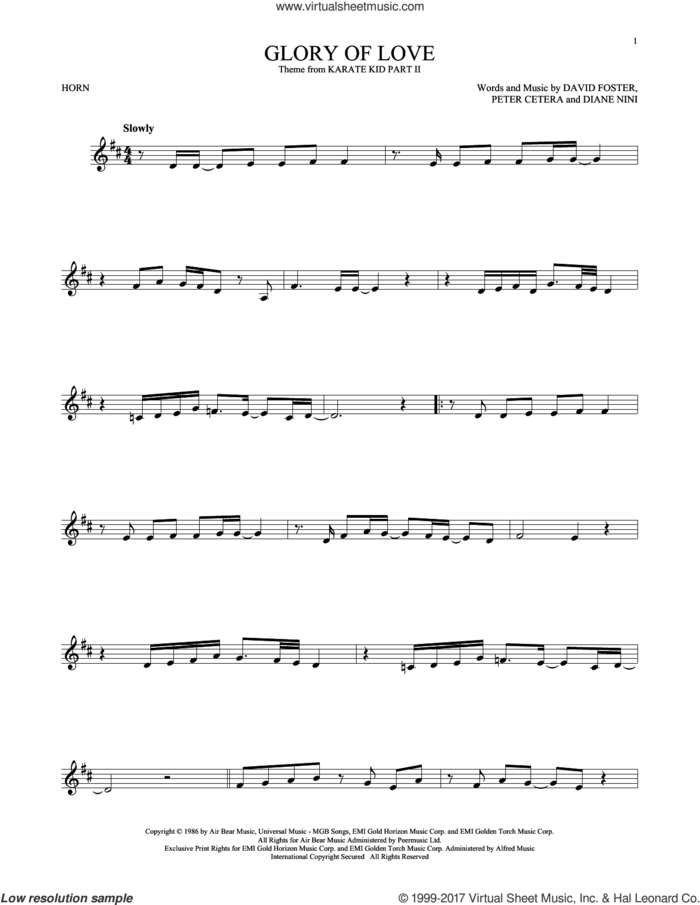 Glory Of Love sheet music for horn solo by Peter Cetera, David Foster and Diane Nini, intermediate skill level
