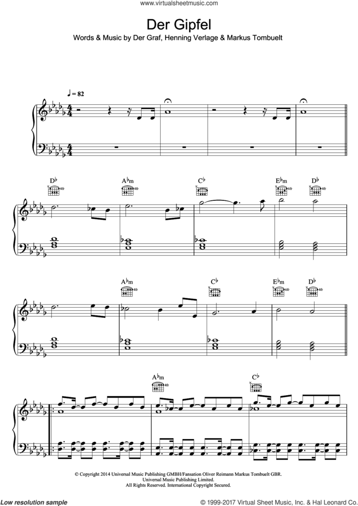 Der Gipfel sheet music for voice, piano or guitar by Unheilig, Der Graf, Henning Verlage and Markus Tombuelt, intermediate skill level