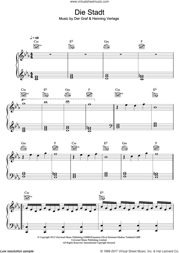 Die Stadt sheet music for voice, piano or guitar by Unheilig, Der Graf and Henning Verlage, intermediate skill level