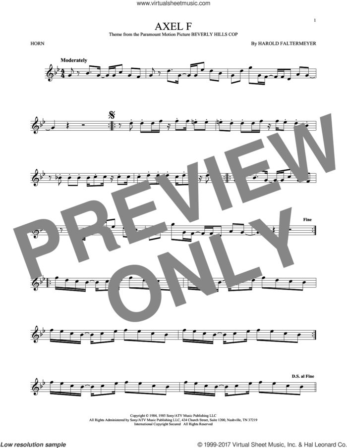 Axel F sheet music for horn solo by Harold Faltermeyer, intermediate skill level
