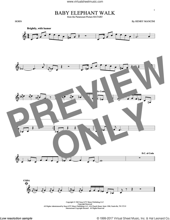 Baby Elephant Walk sheet music for horn solo by Henry Mancini, intermediate skill level