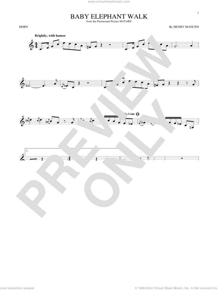 Baby Elephant Walk sheet music for horn solo by Henry Mancini, intermediate skill level