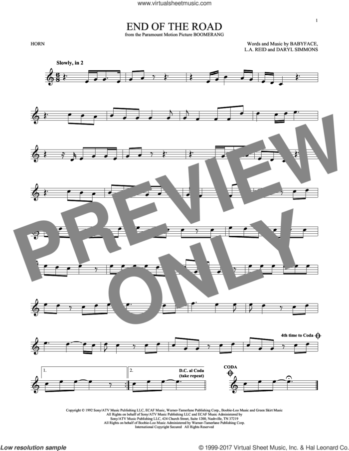 End Of The Road sheet music for horn solo by Boyz II Men, Babyface, Daryl Simmons and L.A. Reid, intermediate skill level