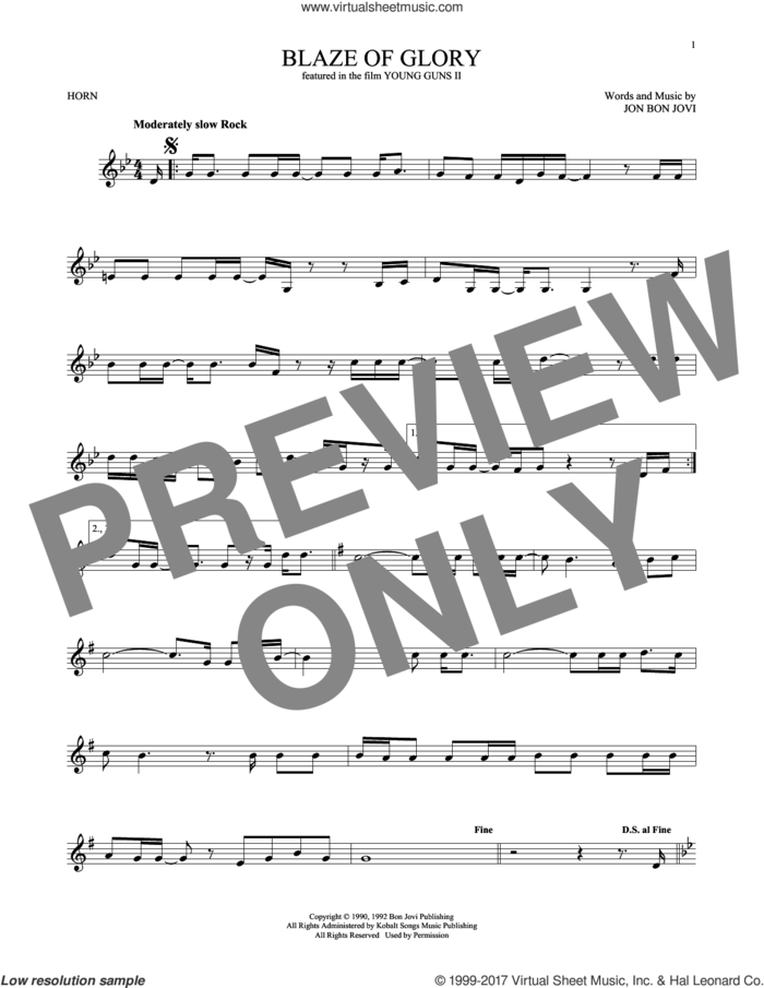 Blaze Of Glory sheet music for horn solo by Bon Jovi, intermediate skill level
