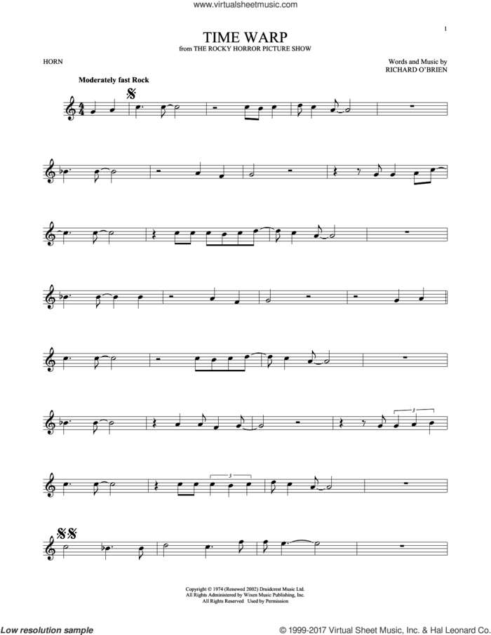 Time Warp sheet music for horn solo by Richard O'Brien, intermediate skill level