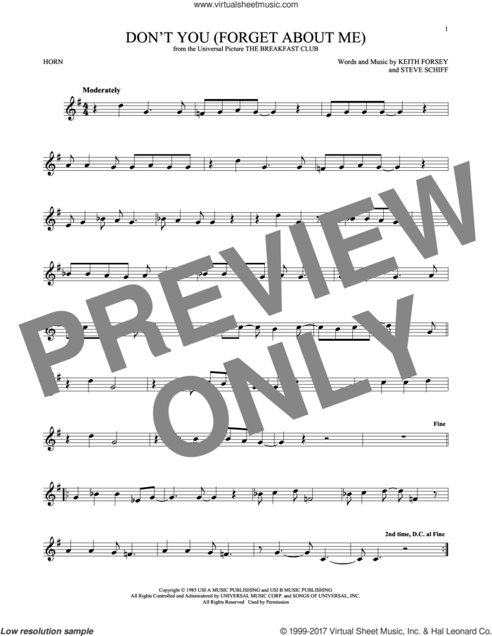 Don't You (Forget About Me) sheet music for horn solo by Simple Minds, Keith Forsey and Steve Schiff, intermediate skill level