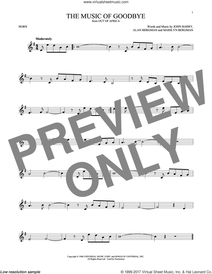 The Music Of Goodbye sheet music for horn solo by John Barry, Alan Bergman and Marilyn Bergman, intermediate skill level