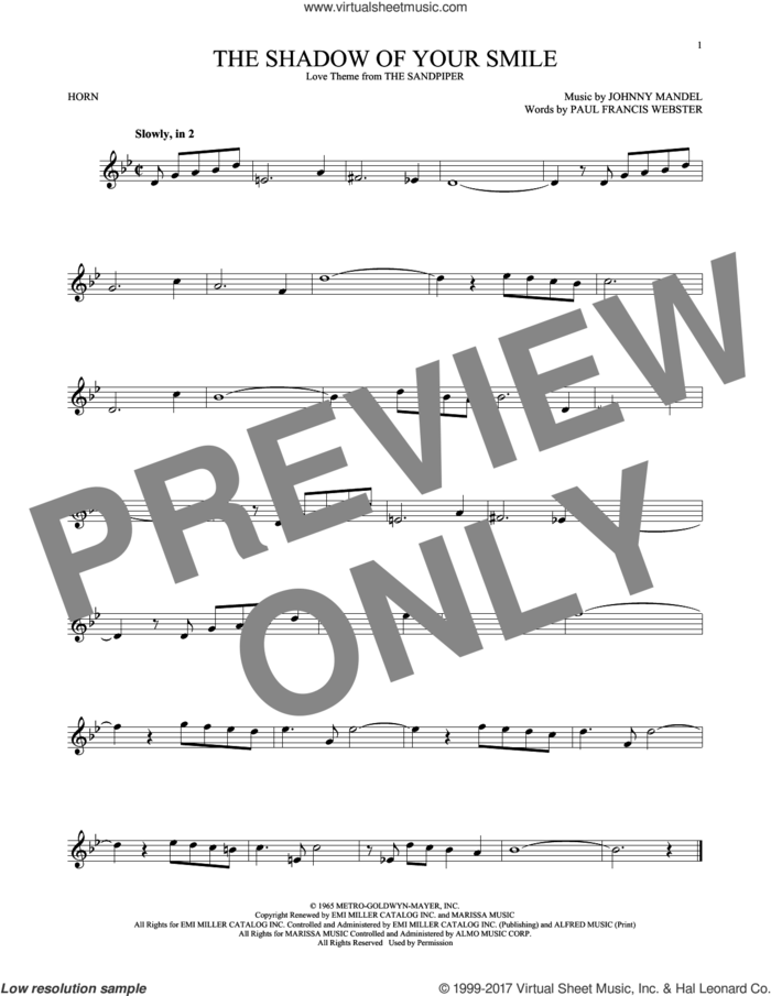 The Shadow Of Your Smile sheet music for horn solo by Johnny Mandel and Paul Francis Webster, intermediate skill level