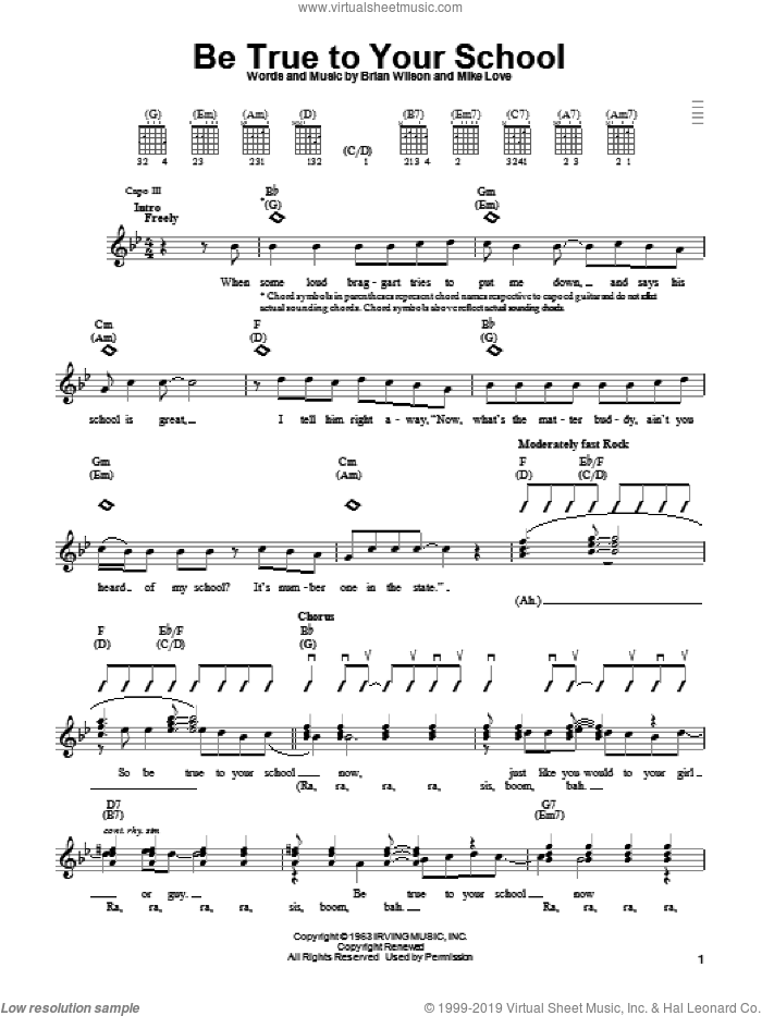Be True To Your School sheet music for guitar solo (chords) by The Beach Boys, Brian Wilson and Mike Love, easy guitar (chords)