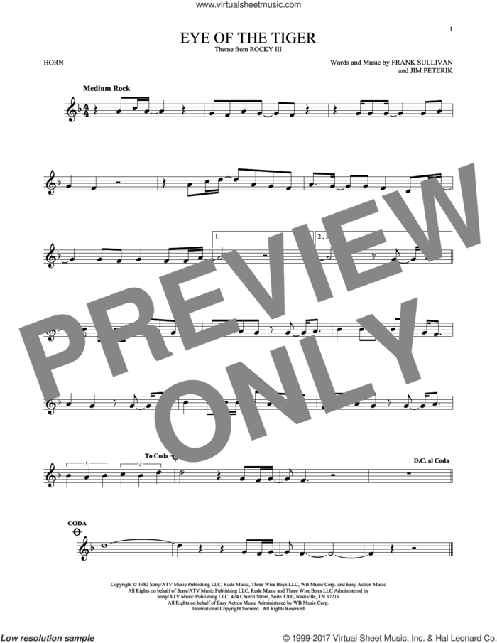 Eye Of The Tiger sheet music for horn solo by Survivor, Frank Sullivan and Jim Peterik, intermediate skill level