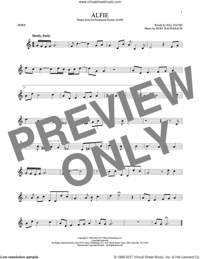 Alfie sheet music for horn solo by Burt Bacharach, Cher, Dionne Warwick and Hal David, intermediate skill level