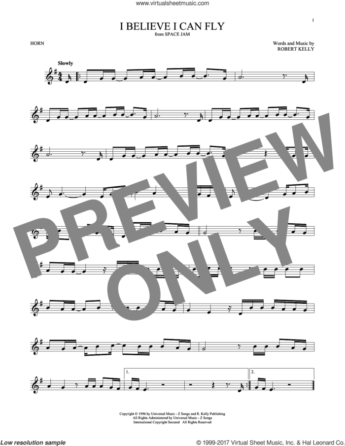 I Believe I Can Fly sheet music for horn solo by Robert Kelly and Jermaine Paul, intermediate skill level
