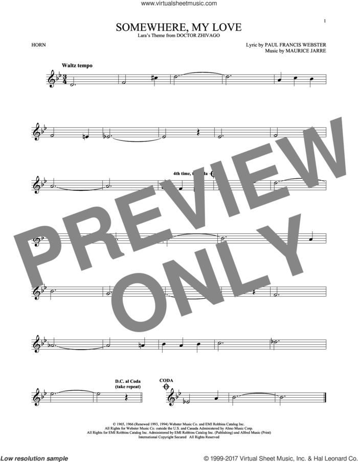 Somewhere, My Love sheet music for horn solo by Paul Francis Webster and Maurice Jarre, intermediate skill level