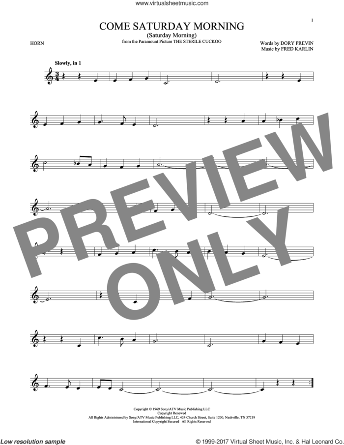 Come Saturday Morning (Saturday Morning) sheet music for horn solo by Dory Previn and Fred Karlin, intermediate skill level