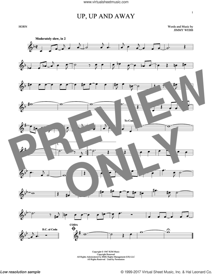 Up, Up And Away sheet music for horn solo by The Fifth Dimension and Jimmy Webb, intermediate skill level