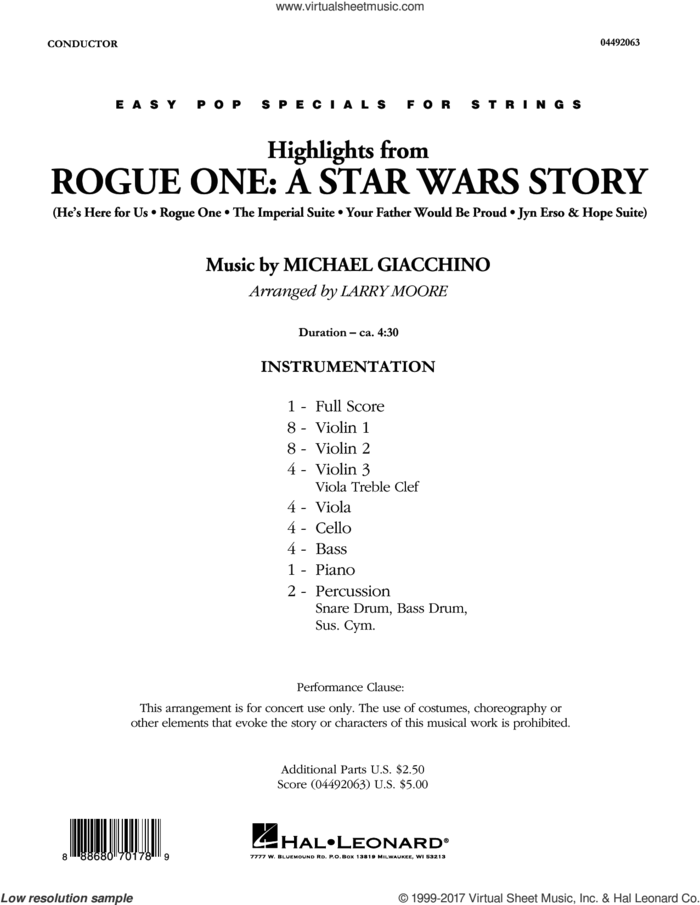 Highlights from Rogue One: A Star Wars Story (COMPLETE) sheet music for orchestra by Michael Giacchino and Larry Moore, classical score, intermediate skill level