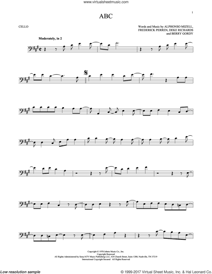 ABC sheet music for cello solo by The Jackson 5, Alphonso Mizell, Berry Gordy, Deke Richards and Frederick Perren, intermediate skill level