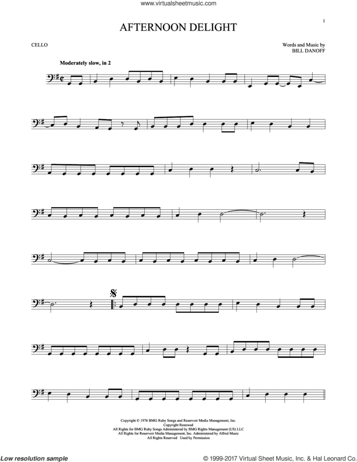 Afternoon Delight sheet music for cello solo by Starland Vocal Band and Bill Danoff, intermediate skill level