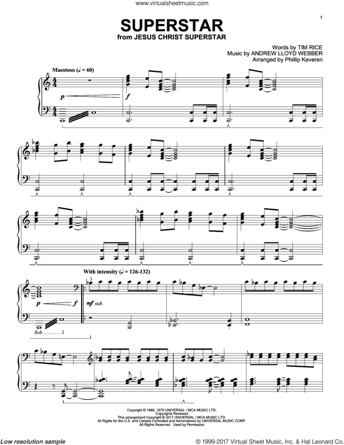 Superstar (arr. Phillip Keveren) sheet music for piano solo by Andrew Lloyd Webber, Phillip Keveren, Murray Head w/Trinidad Singers and Tim Rice, intermediate skill level
