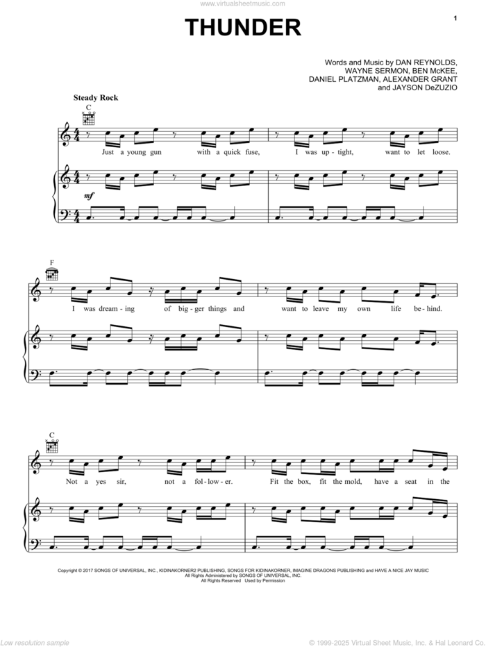 Thunder sheet music for voice, piano or guitar by Imagine Dragons, Alexander Grant, Ben McKee, Dan Reynolds, Daniel Platzman, Jayson Dezuzio and Wayne Sermon, intermediate skill level