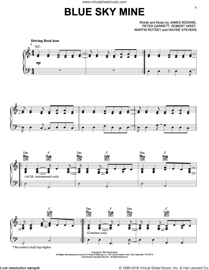 Blue Sky Mine sheet music for voice, piano or guitar by Midnight Oil, Jim Moginie, Martin Rotsey, Peter Garrett, Robert Hirst and Wayne Stevens, intermediate skill level