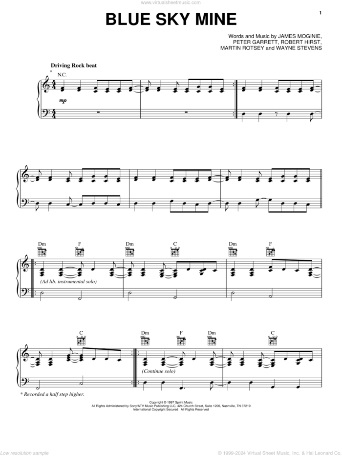 Blue Sky Mine sheet music for voice, piano or guitar by Midnight Oil, Jim Moginie, Martin Rotsey, Peter Garrett, Robert Hirst and Wayne Stevens, intermediate skill level