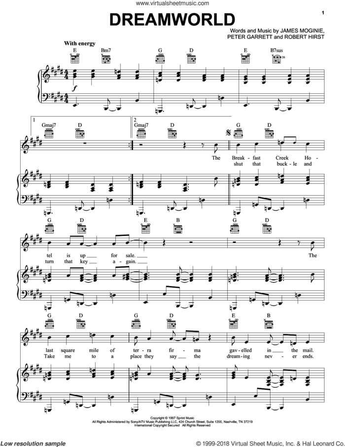 Dreamworld sheet music for voice, piano or guitar by Midnight Oil, Jim Moginie, Peter Garrett and Robert Hirst, intermediate skill level