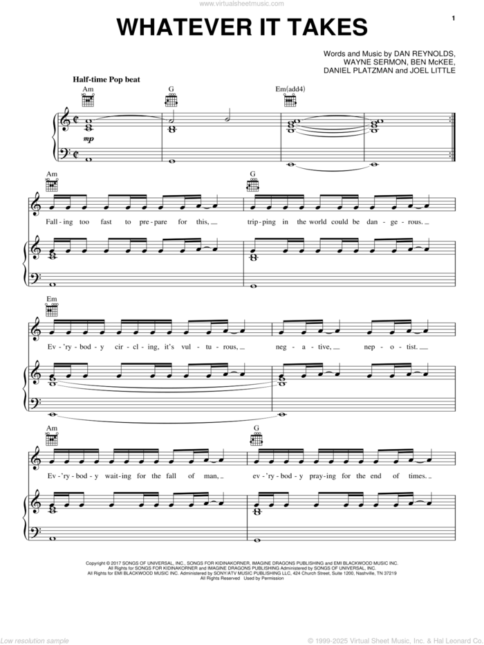 Whatever It Takes sheet music for voice, piano or guitar by Imagine Dragons, Ben McKee, Dan Reynolds, Daniel Platzman, Joel Little and Wayne Sermon, intermediate skill level