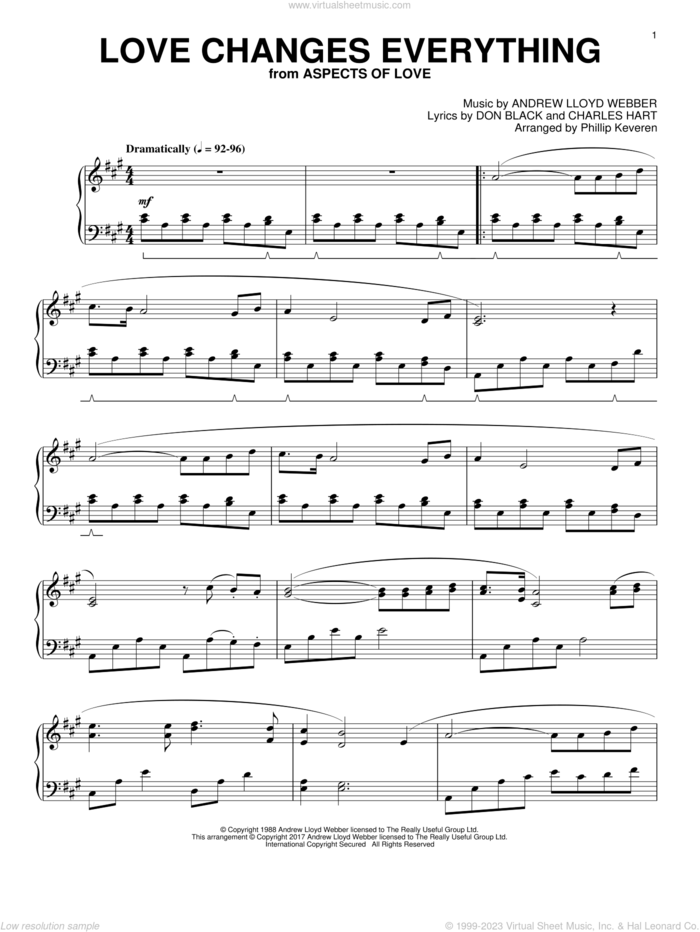 Love Changes Everything (from Aspects Of Love) (arr. Phillip Keveren) sheet music for piano solo by Andrew Lloyd Webber, Phillip Keveren, Charles Hart and Don Black, intermediate skill level