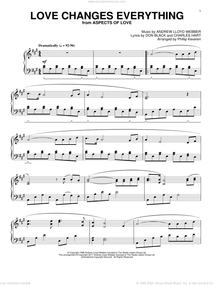 Love Changes Everything (from Aspects Of Love) (arr. Phillip Keveren) sheet music for piano solo by Andrew Lloyd Webber, Phillip Keveren, Charles Hart and Don Black, intermediate skill level