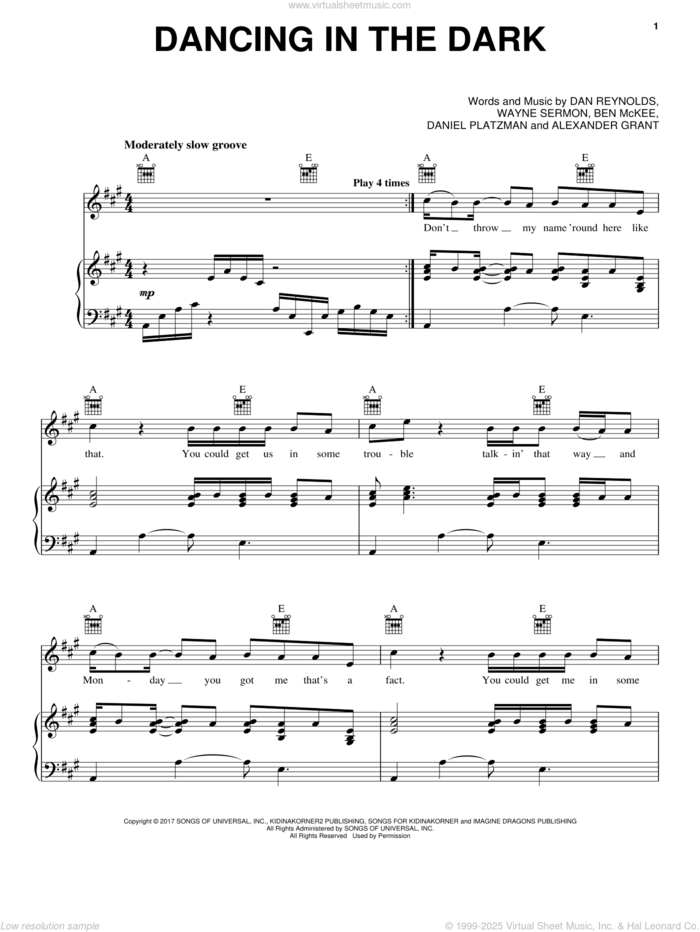 Dancing In The Dark sheet music for voice, piano or guitar by Imagine Dragons, Alexander Grant, Ben McKee, Dan Reynolds, Daniel Platzman and Wayne Sermon, intermediate skill level