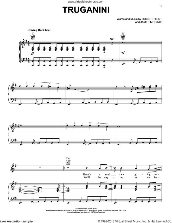Truganini sheet music for voice, piano or guitar by Midnight Oil, Jim Moginie and Robert Hirst, intermediate skill level