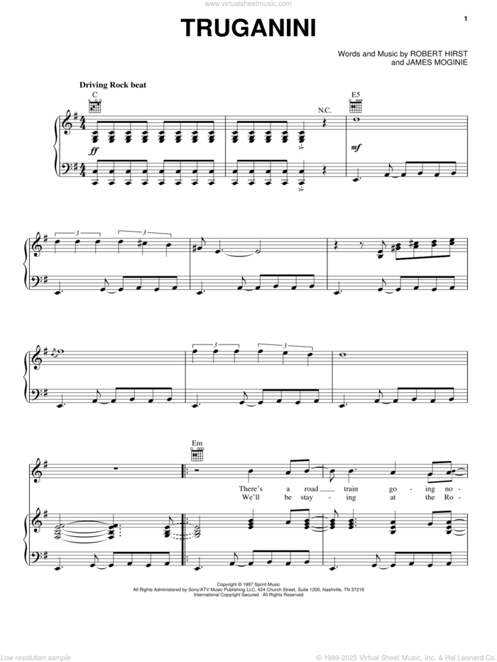 Truganini sheet music for voice, piano or guitar by Midnight Oil, Jim Moginie and Robert Hirst, intermediate skill level