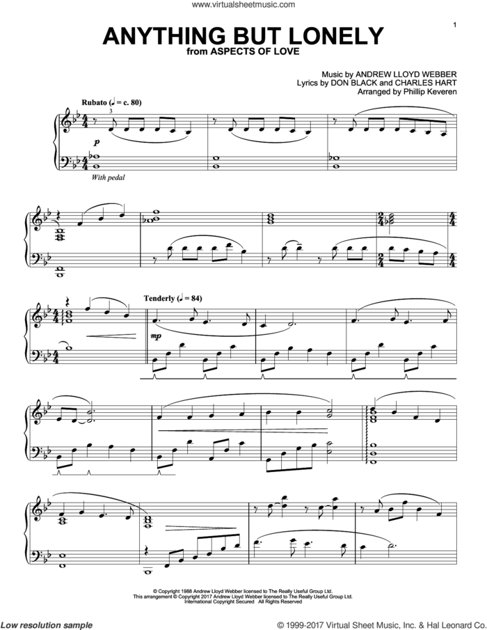 Anything But Lonely (from Aspects Of Love) (arr. Phillip Keveren) sheet music for piano solo by Andrew Lloyd Webber, Phillip Keveren, Charles Hart and Don Black, intermediate skill level