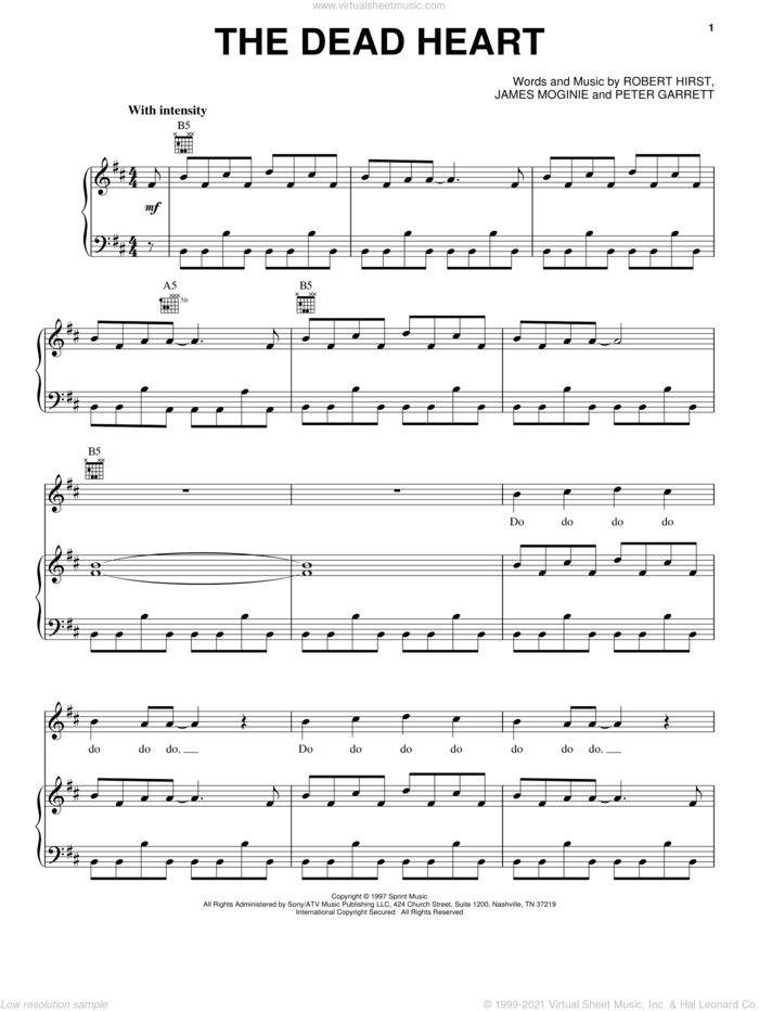 The Dead Heart sheet music for voice, piano or guitar by Midnight Oil, Jim Moginie, Peter Garrett and Robert Hirst, intermediate skill level