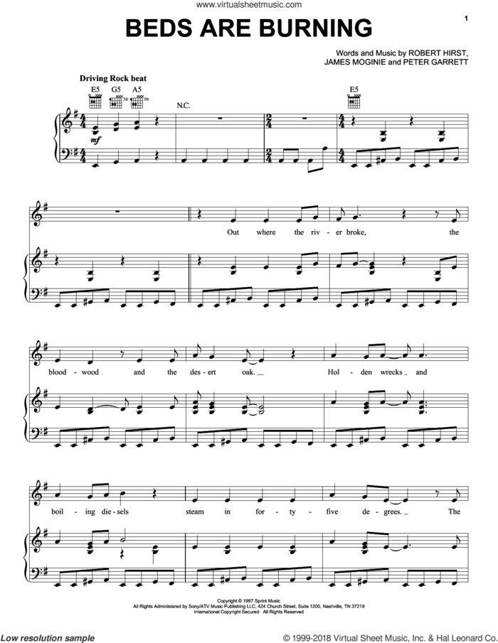 Beds Are Burning sheet music for voice, piano or guitar by Midnight Oil, Jim Moginie, Peter Garrett and Robert Hirst, intermediate skill level