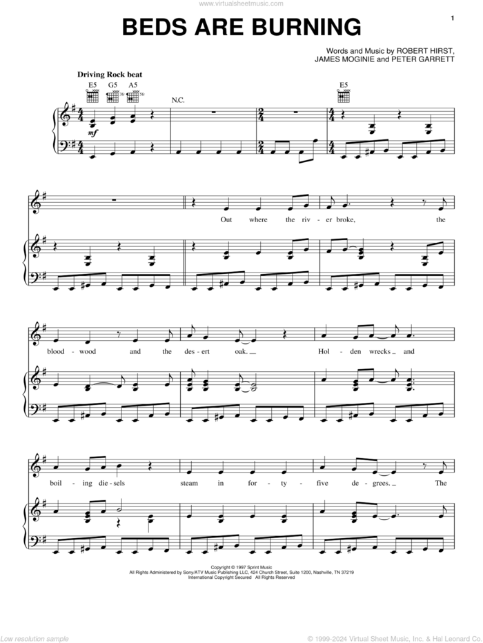 Beds Are Burning sheet music for voice, piano or guitar by Midnight Oil, Jim Moginie, Peter Garrett and Robert Hirst, intermediate skill level