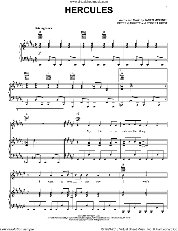 Hercules sheet music for voice, piano or guitar by Midnight Oil, Jim Moginie, Peter Garrett and Robert Hirst, intermediate skill level